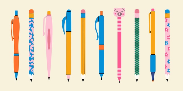 Varios lápices pluma escritura escuela y herramientas de oficina papelería linda vector moderno de moda