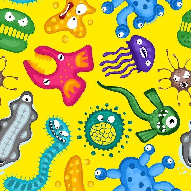 Varios microorganismos virus vector dibujos animados bacterias germen emoticon carácter de patrones sin fisuras