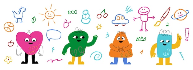 Varios monstruos individuales en el fondo de los garabates de los niños