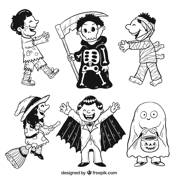 Varios niños disfrazados de halloween dibujados a mano