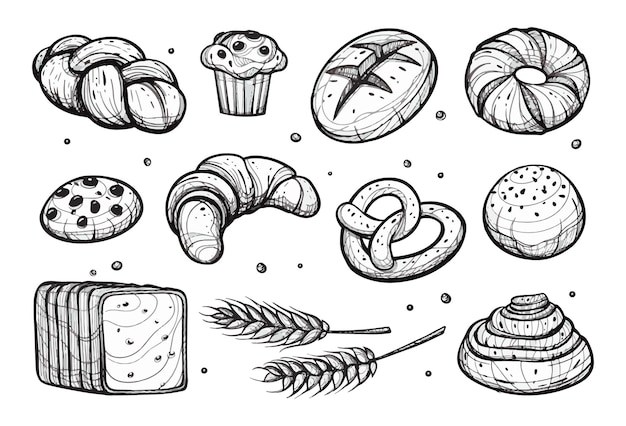 Varios panes establecen productos de pastelería de panadería ilustración vectorial dibujada a mano