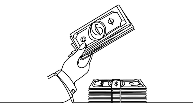 Varios paquetes de dinero en efectivo billetes de dólar hryvnias euro una línea de arte dibujo de línea continua del banco