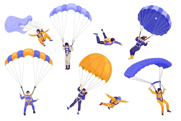 Varios paracaidistas con paracaídas en acción en ilustración vectorial de fondo blanco