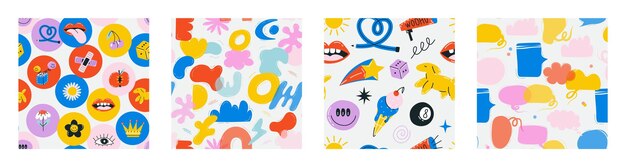 Varios parches, alfileres, sellos, pegatinas, divertidos y lindos personajes cómicos, colección de patrones sin fisuras