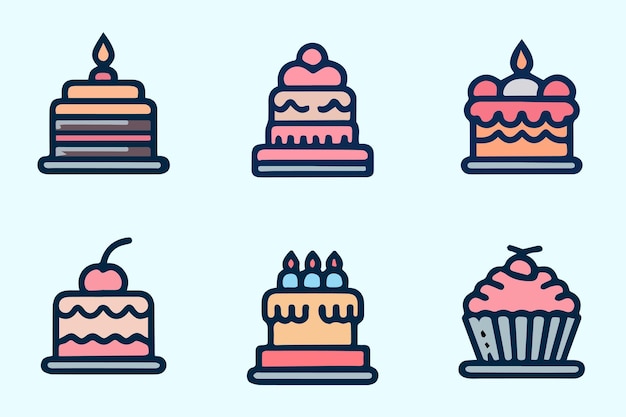 Varios pasteles de cumpleaños coloridos y cupcakes