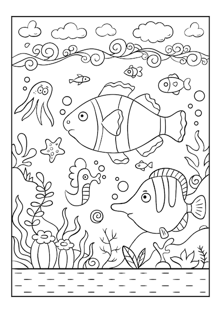 Varios peces y pulpos nadan bajo el agua. Ilustración de vector blanco y negro para colorear libro