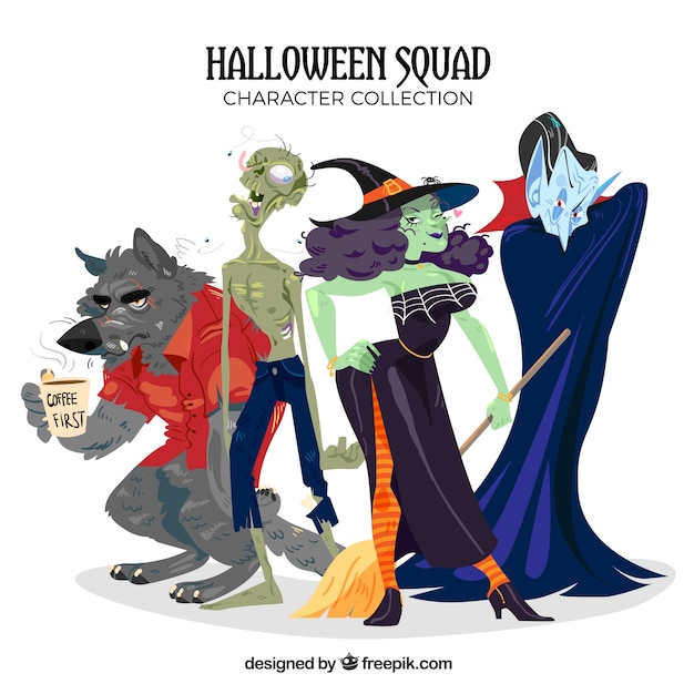 Varios personajes de halloween dibujados a mano