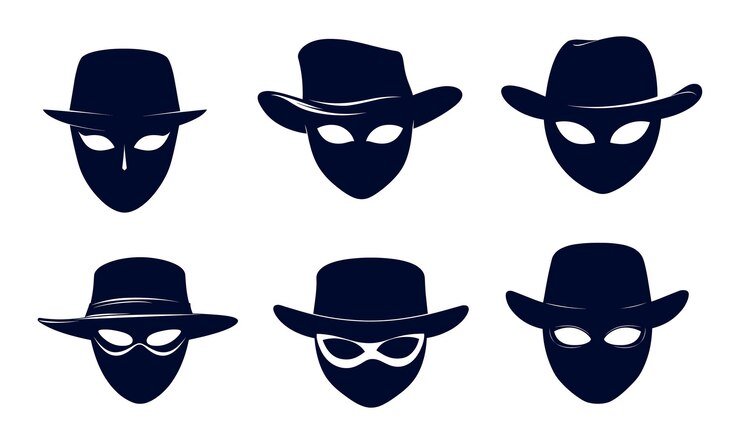 Vector varios personajes sin rostro que llevan diferentes tipos de sombreros que muestran diversos estilos y apariencias misteriosas contra un fondo sencillo