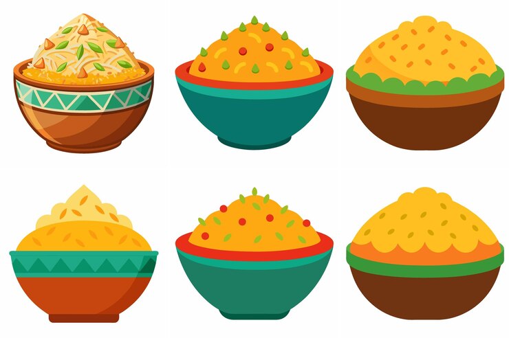 Vector varios platos deliciosos servidos en cuencos