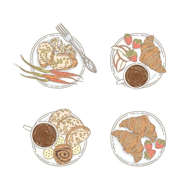 Varios platos de desayuno simple en un hermoso estilo de ilustración de dibujo a mano