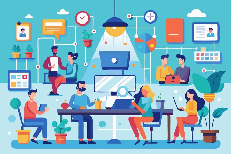 Vector varios profesionales participan en tareas colaborativas y discusiones en un ambiente de espacio de trabajo colorido ilustración del concepto de espacio de traballo compartido