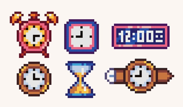 Varios relojes pixel art set Reloj de arena electrónico colección de relojes sprite de 8 bits