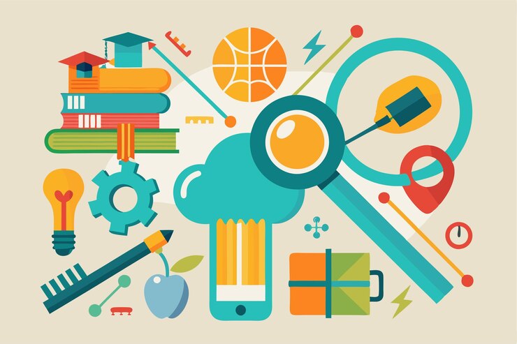 Vector varios símbolos ilustran el significado de la educación utilizando herramientas, libros e iconos. la educación es la clave para adquirir conocimiento y entender conceptos. las ayudas visuales pueden ayudar a explicar ideas.