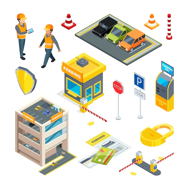 Varios temas de estacionamiento de automóviles isométricos