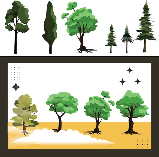 Vector varios tipos de árboles coloridos, plantas forestales y urbanas absorben la contaminación