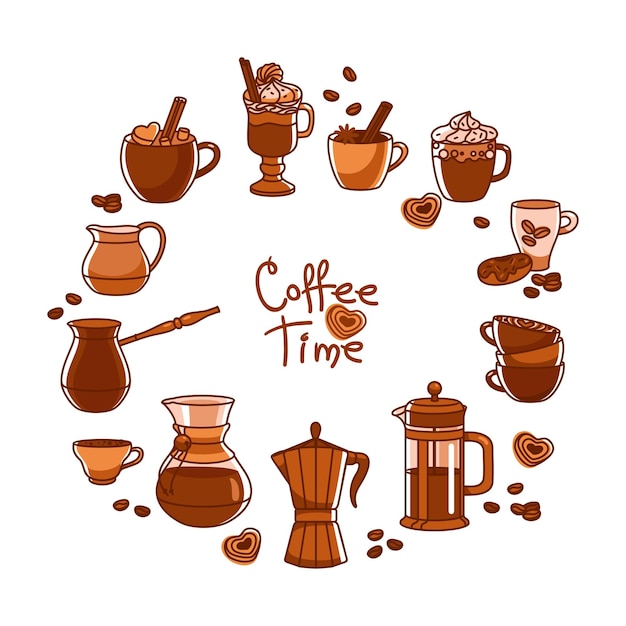 Varios tipos de café Cafeteras y tazas Conjunto de ilustraciones Vector