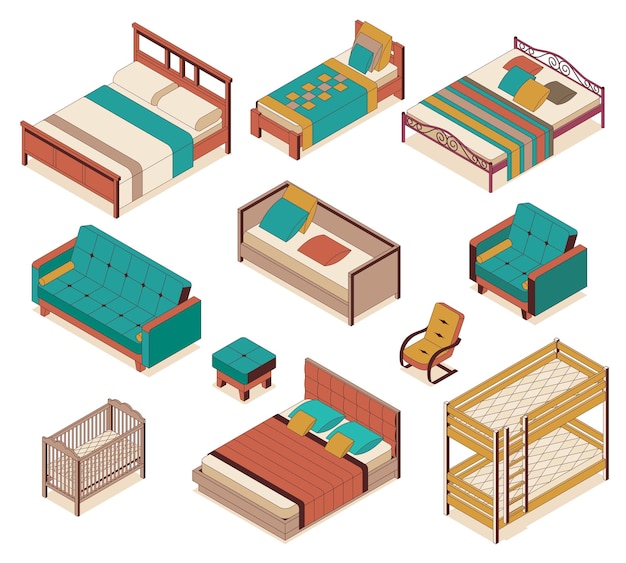 Varios tipos de camas y muebles dispuestos en un diseño simple y colorido