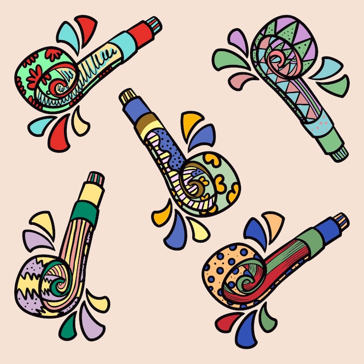 Vector varios tipos de celebraciones de año nuevo y trompetas de fiesta
