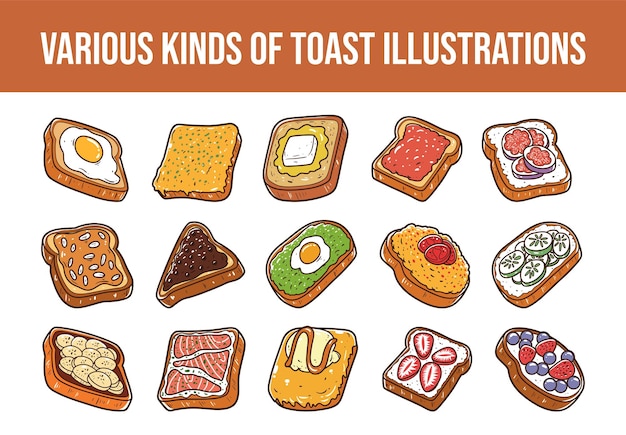 Varios tipos de conjunto de ilustraciones vectoriales de tostadas