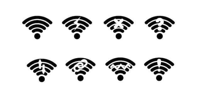 varios tipos de iconos configurados wifi, wifi conectado, problemático, sin señal, signo de interrogación, un problema occ