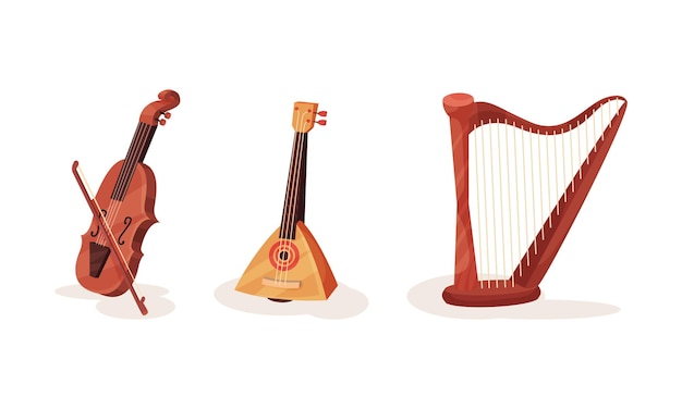 Varios tipos de instrumentos musicales de cuerdas nacionales y clásicos Harpa violín o violonchelo para orquesta sinfónica Balalaika nacional rusa