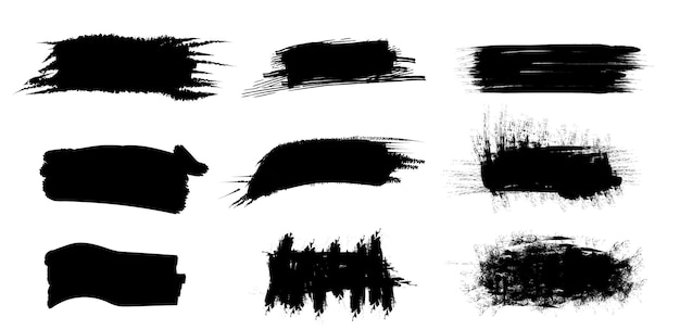 Varios tipos de trazos de pintura negra dispuestos en un patrón de cuadrícula que muestran diferentes texturas y estilos