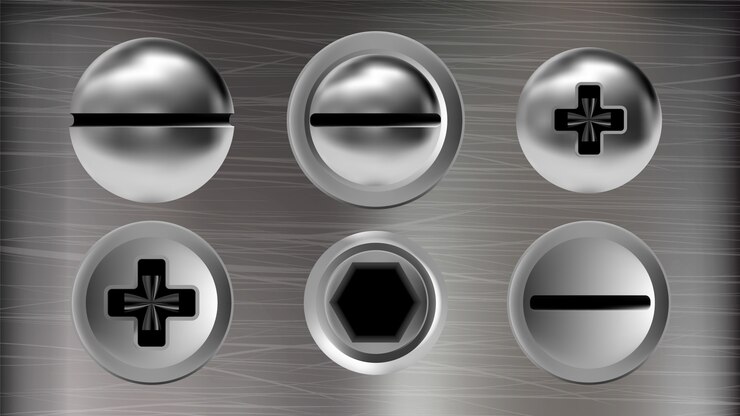 Vector varios tornillos de metal y cabezas de tornillos