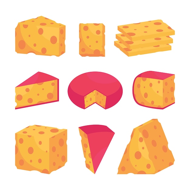 Varios trozos de queso con dibujos animados de agujeros.