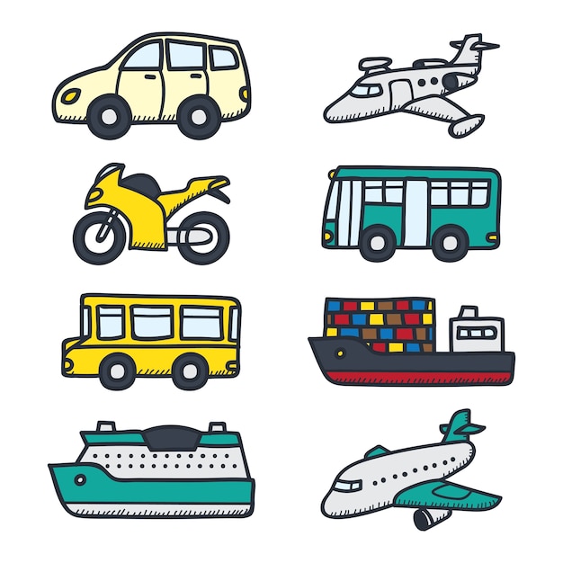 Vector varios vehículos de transporte en estilo doodle