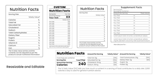 Various Nutrition Labels Supplement Facts Blank Templates Collection Editable