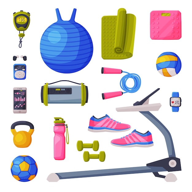 Vector various sport equipment and accessories set fitness and yoga objects vector illustration on white