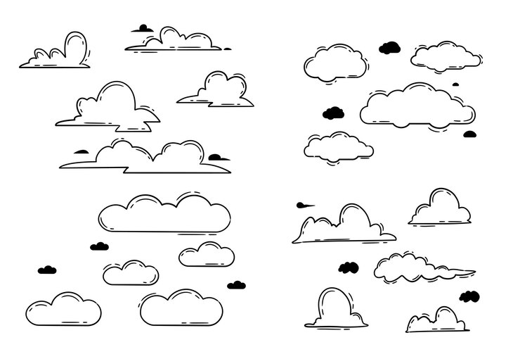 Various types of clouds doodle set including cute cloud doodles comic cloud doodles