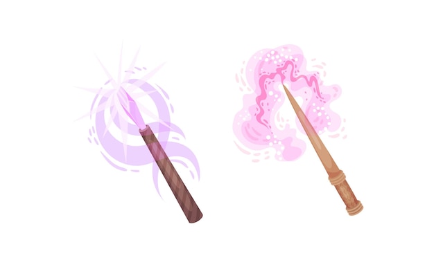Las varitas mágicas de las hadas con chispas rosadas están dispuestas como palos de hadas. Ilustración vectorial de dibujos animados.
