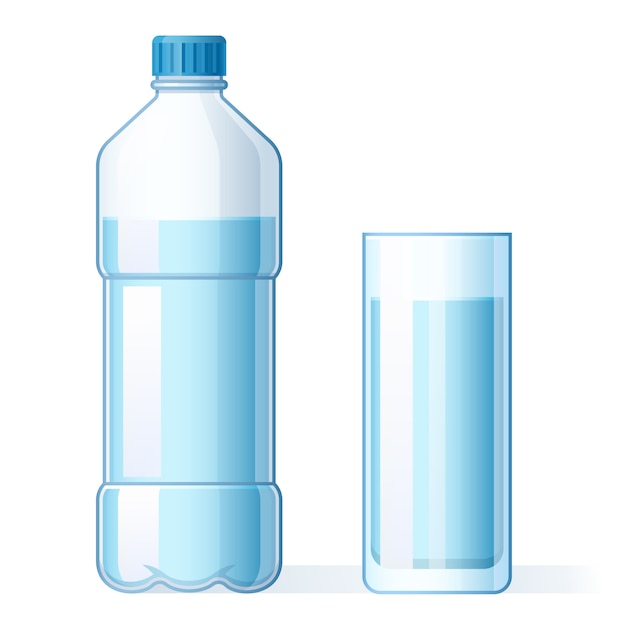 Vaso de agua y botella de plástico. hidratación, botellas de líquido puro y  agua mineral embotellada beben ilustración vectorial de dibujos animados