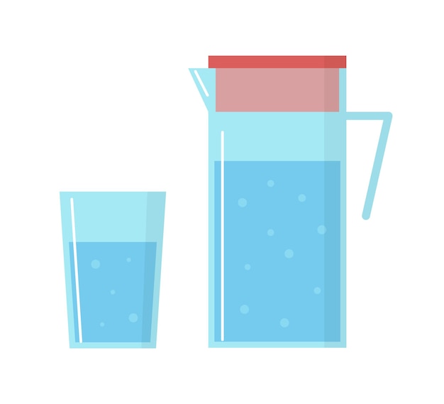 Vaso de agua potable y la jarra de vidrio sobre fondo blanco. líquido azul de vector de estilo plano.