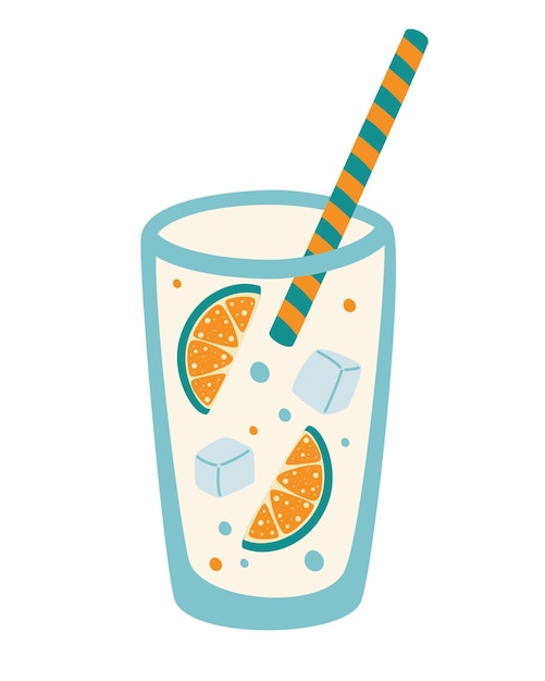 Vaso de agua con rodaja de limón y paja. limonada con hielo. concepto de agua de limón. bebida fría verdadero placer en un día caluroso. jugo de limon. ilustración de vector plano.