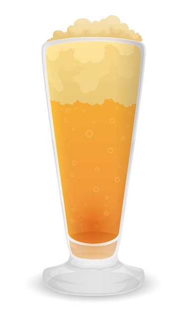 Vector vaso alto de pilsner lleno de espuma abundante de cerveza ligera y burbujas aisladas sobre fondo blanco