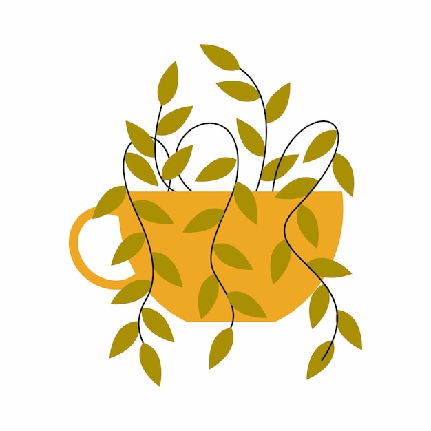 Vaso amarillo con una ramita de planta de interior sobre un fondo blanco Ilustración de un elemento de cerámica del interior de la casa
