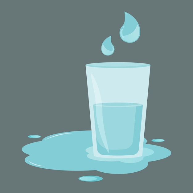 Un vaso azul transparente lleno de agua sobre un fondo gris apagado y pequeñas gotas de agua