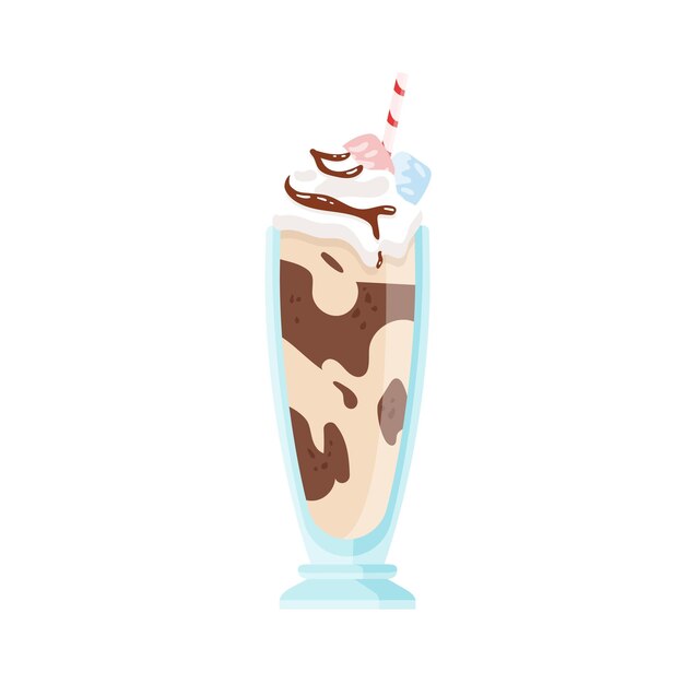 Vaso de batido con crema batida y cobertura de chocolate. Cóctel de vainilla decorado con malvavisco y chantilly. Bebida refrescante y sabrosa. Ilustración de dibujos animados de vector plano aislado en blanco.