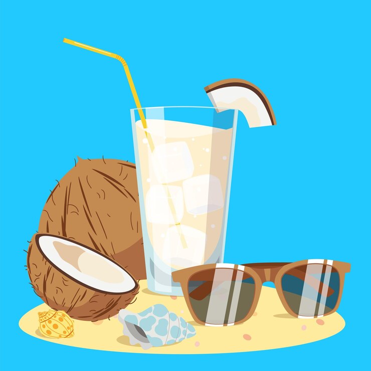 vaso de bebida de coco en la playa ilustración vectorial gráficos vectoriales