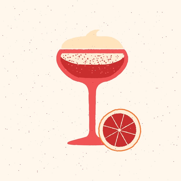 Vaso de bebida de cóctel rojo con crema y pomelo Ilustración vectorial plana con textura