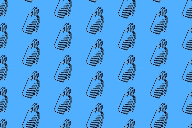 vaso de botella con carabiner doodle patrón sin costuras en fondo azul para mercancía de aventura