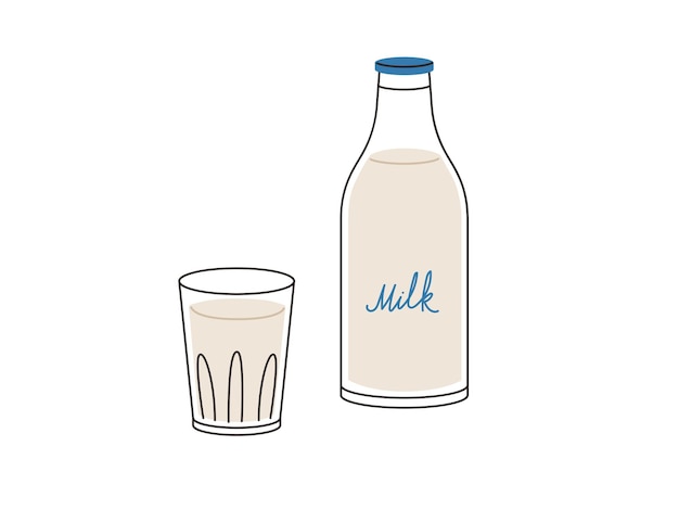 Un vaso y una botella de leche de leche dibujado a mano