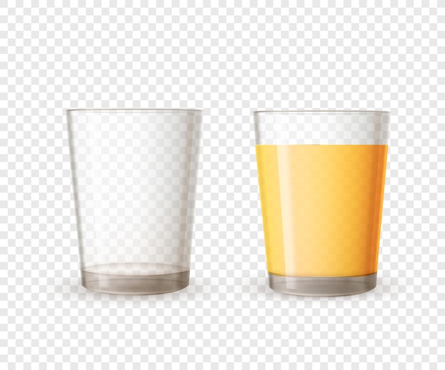 Vaso brillante realista vacío y lleno de jugo de naranja sobre fondo transparente