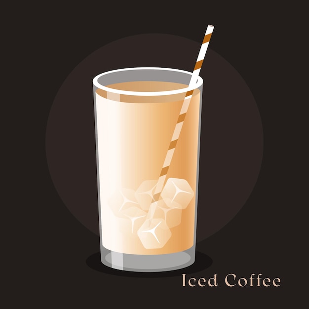 Vaso de café helado con cubitos de hielo y tubo a rayas