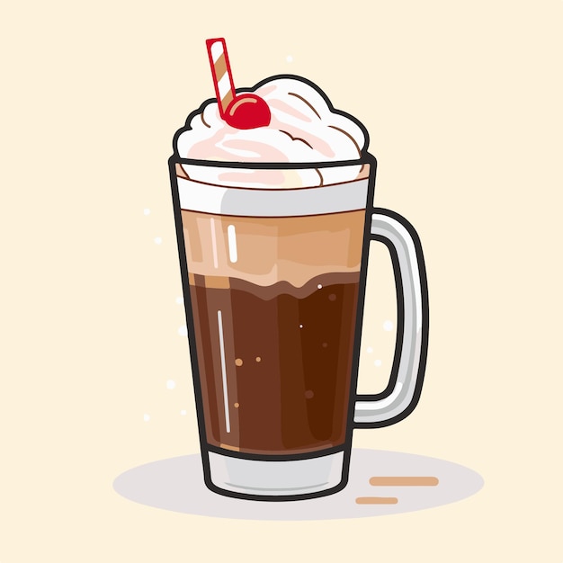 Vector un vaso de café helado con una pajita roja y una cereza encima.