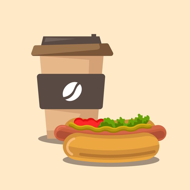 Un vaso de café y un perrito caliente Refrigerio rápido Comida rápida Ilustración de vector de estilo plano