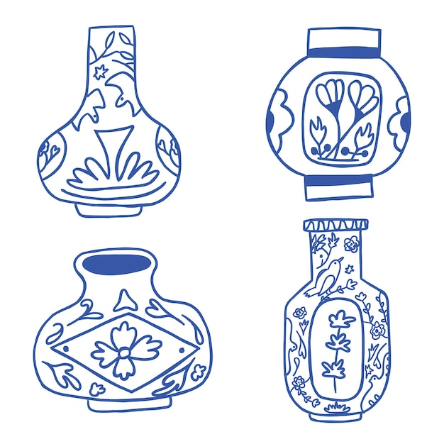 vaso de cerámica bonito dibujado a mano con ilustración de patrón floral