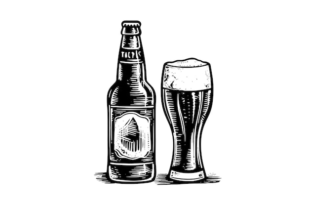 Vaso de cerveza con botella aislado sobre fondo blanco boceto de dibujo a mano ilustración vectorial